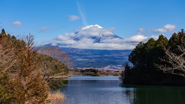 Serene lake with a snow-capped Mount Fuji