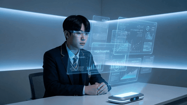 홀로그램 디스플레이를 사용하는 남학생