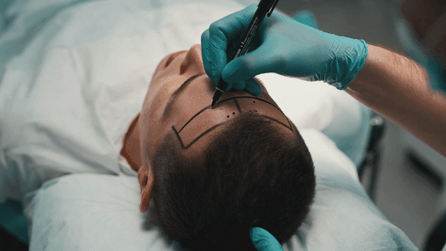 Doctor marking forehead of hair loss patient for hair transplant surgery