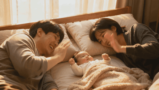 Young parents watching their newborn’s morning charm