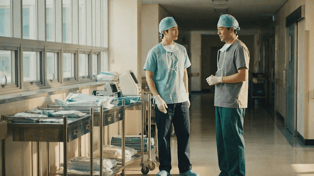 Doctors in surgical scrubs talking in hospital hallway
