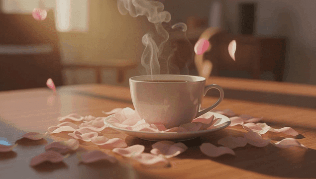 Steaming cup of tea with petals