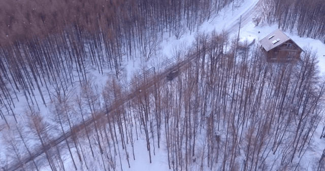 Car driving through a snowy forest road