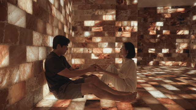 Couple sitting in salt room