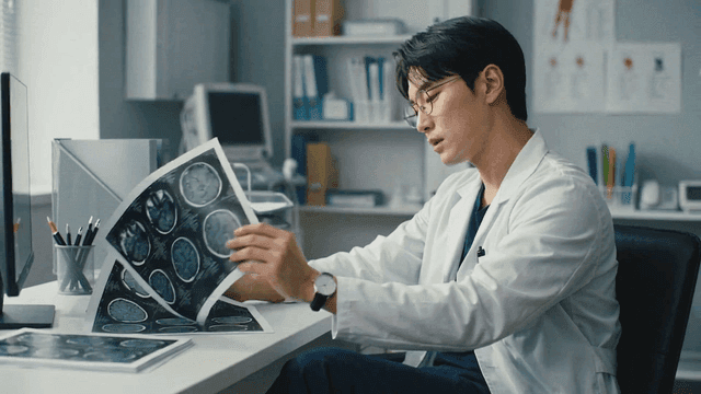 Doctor reviewing brain scans in an office