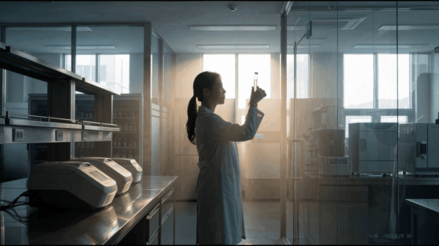 Scientist examining a test tube in a lab