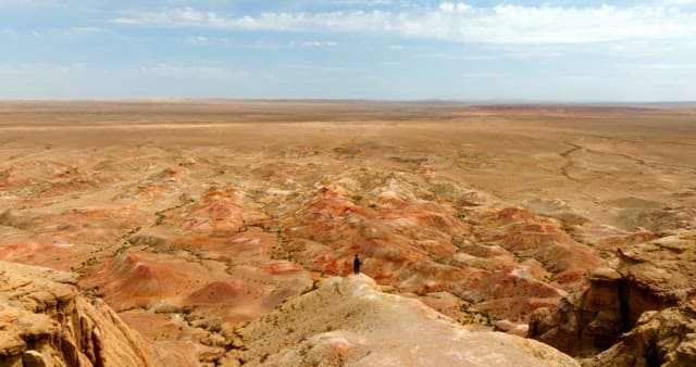 Lone traveler in a vast desert landscape