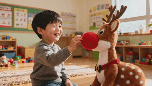 유치원에서 사슴 인형과 노는 아이