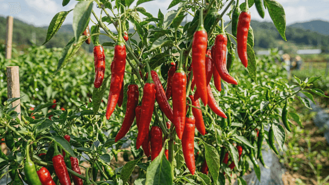 Red chili peppers growing in a sunny field