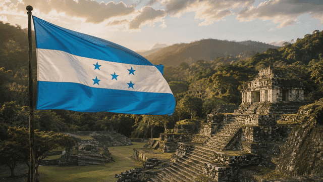 Ancient ruins where Honduran flag flies