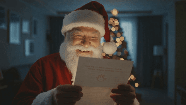 크리스마스 트리 옆에서 편지를 읽는 산타