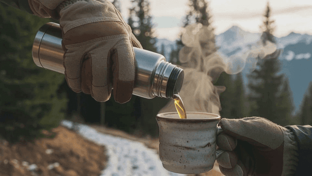 Pouring hot coffee from thermos in mountains