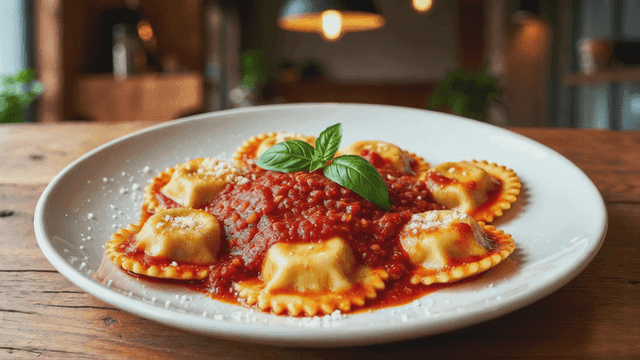 Plate of ravioli with tomato sauce