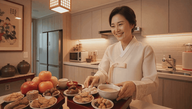 Woman wearing hanbok and preparing holiday table