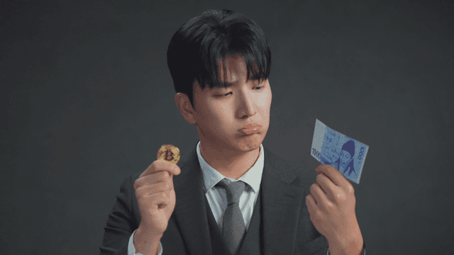 비트코인과 한국 돈을 들고 있는 남자