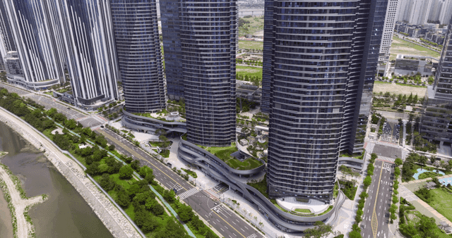 Modern skyscrapers and surrounding roads