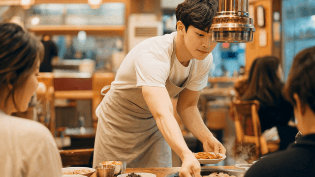 식당에서 한국 음식을 서빙하는 종업원