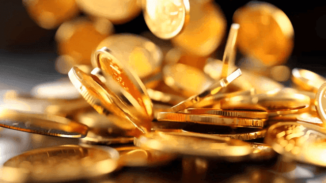 Falling gold coins in motion