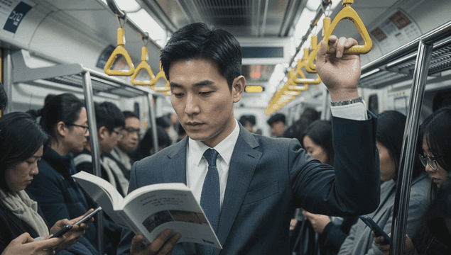 혼잡한 지하철에서 책을 읽는 남자 회사원