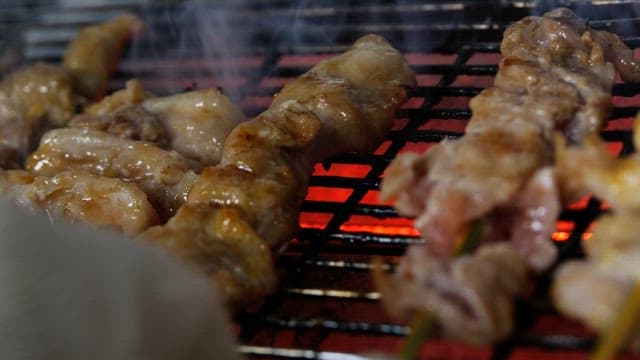 뜨거운 숯불 위에 구워지는 꼬치구이