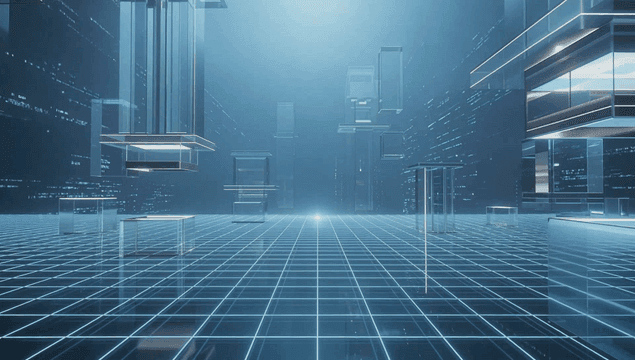 Futuristic digital grid with floating structures