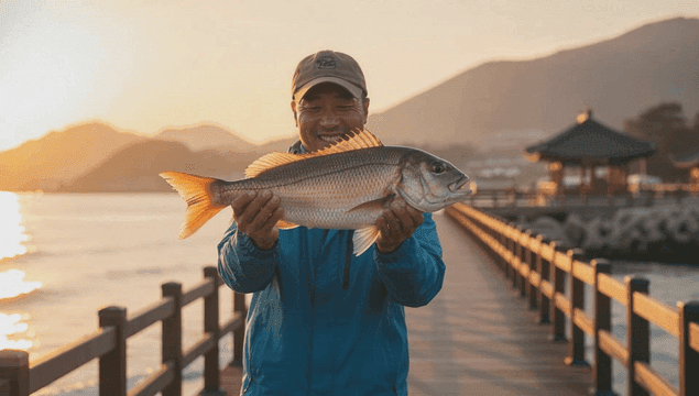 Man holding fish and smiling on pier at sunset