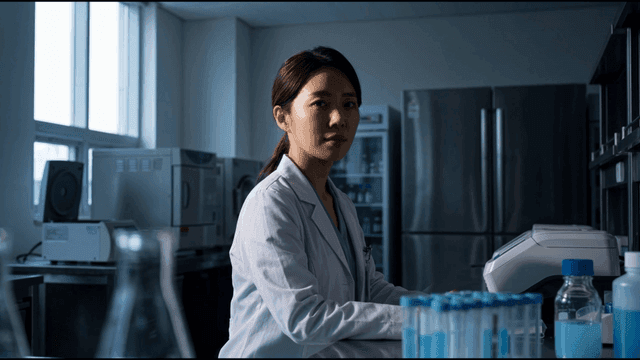 Female scientist smiling and looking straight ahead in laboratory