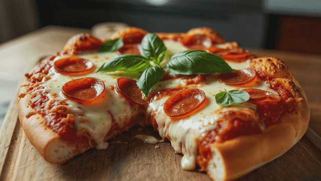 Freshly baked pepperoni pizza with basil