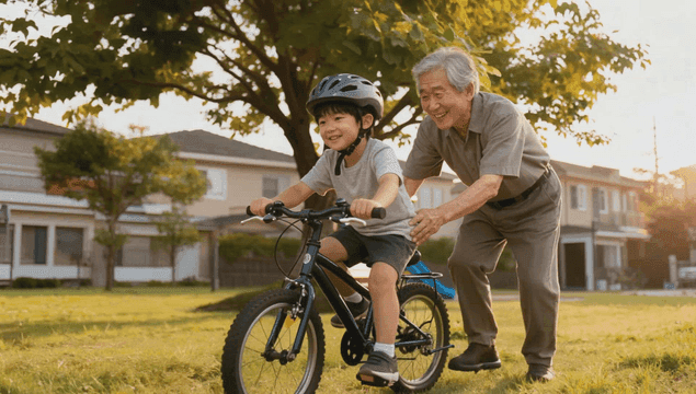 손자에게 자전거 타는 법을 알려주는 할아버지