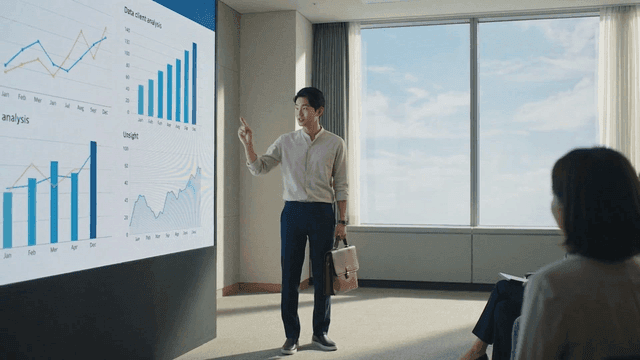 Man giving presentation while explaining in front of graph in conference room