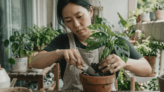 Woman carefully repotting plant.