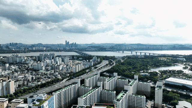 City view with river and bridge