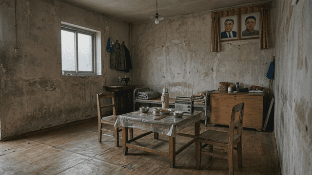 Room in North Korean home with simple furniture