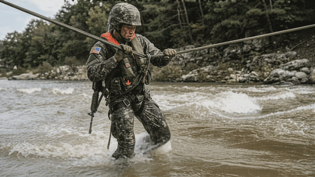 Soldiers crossing rough river currents