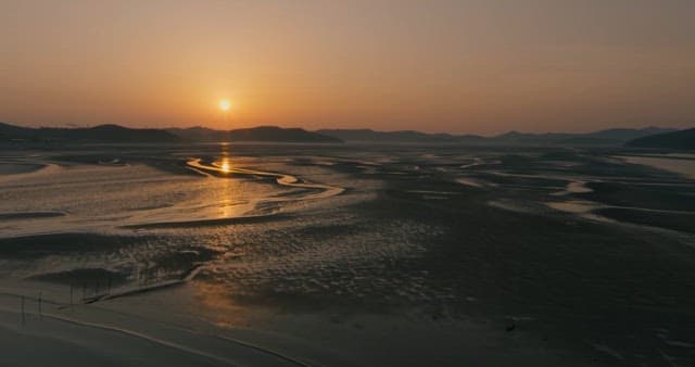 Coastal Tideland During Low Tide with Sunset Sun