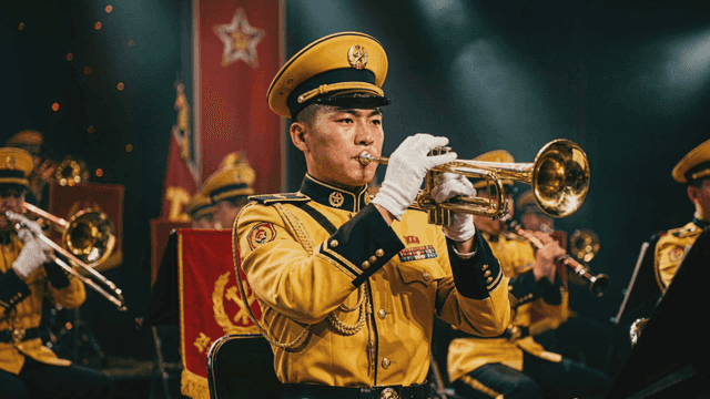 North Korean military band playing brass instruments