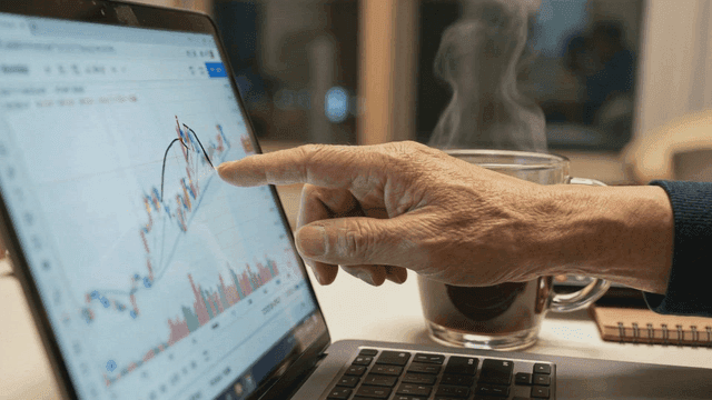 Old man's hand analyzing stock market trends on laptop