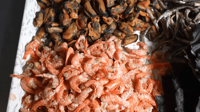 Various dried seafood on a plate