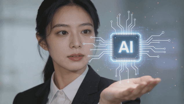 Working woman looking at AI chip