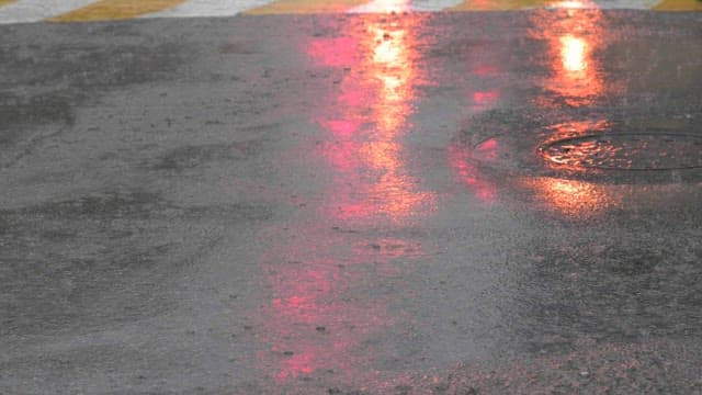 Puddles on the ground reflecting street lights on a rainy day