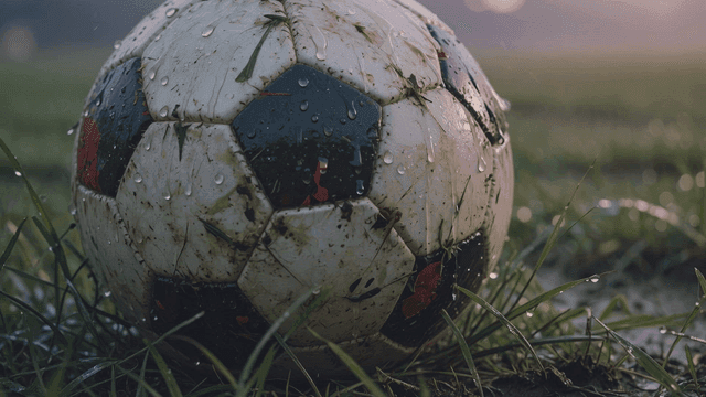Soccer ball on rainy grass soccer field