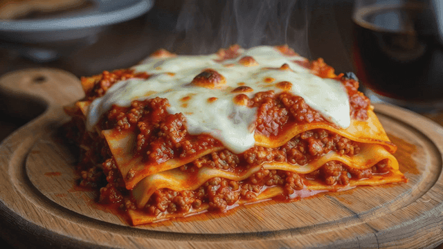 나무 도마에 놓인 고소한 라자냐