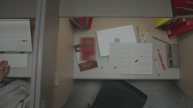 독서실 책상에서 공부하는 학생들 넘어 코피가 나있는 빈 책상