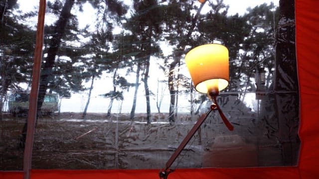 Lamp inside a tent with a view of pine trees