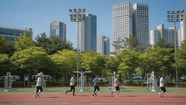 도시 안 러닝 트랙을 달리는 사람들