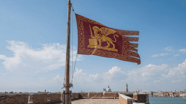 Flag of Republic of Venice on rooftop under clear sky