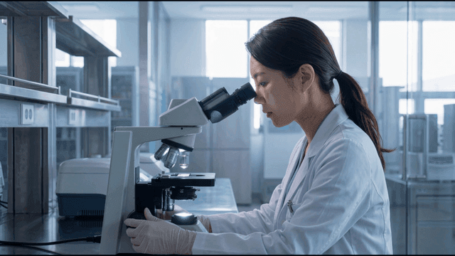 Scientist observing with microscope in laboratory
