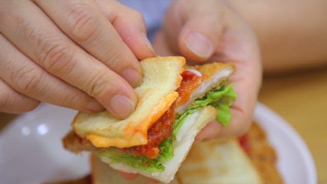 돈가스 샌드위치를 들고 있는 사람