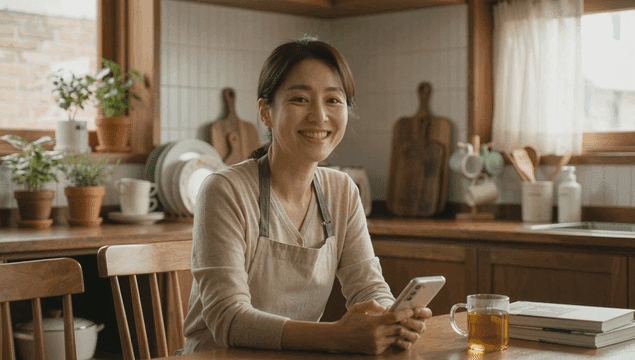 스마트폰을 사용하는 미소 짓는 여성