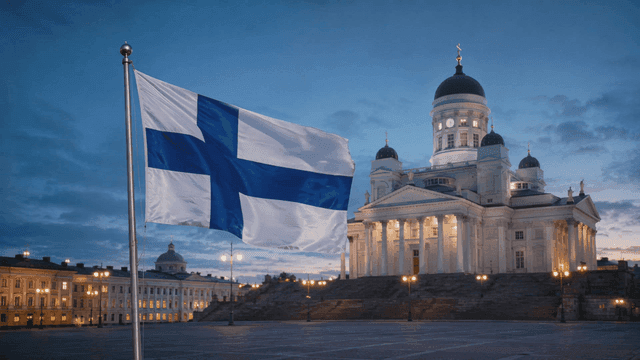 Cathedral where Finnish flag flies at night